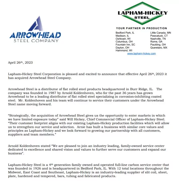 arrowhead steel announcement